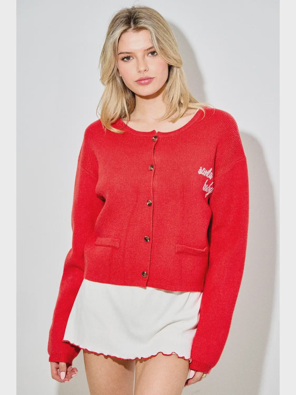Santa Baby Beaded Button Cardigan / Red