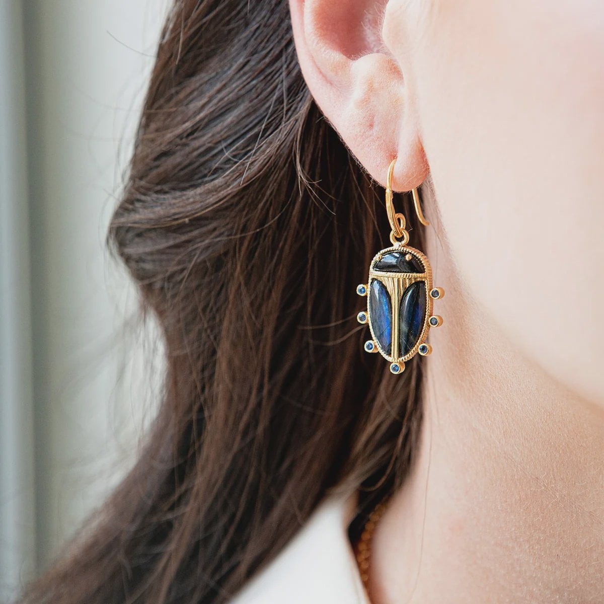 Scarab Petite Drop Earrings  / Blue Labradorite + Black Agate