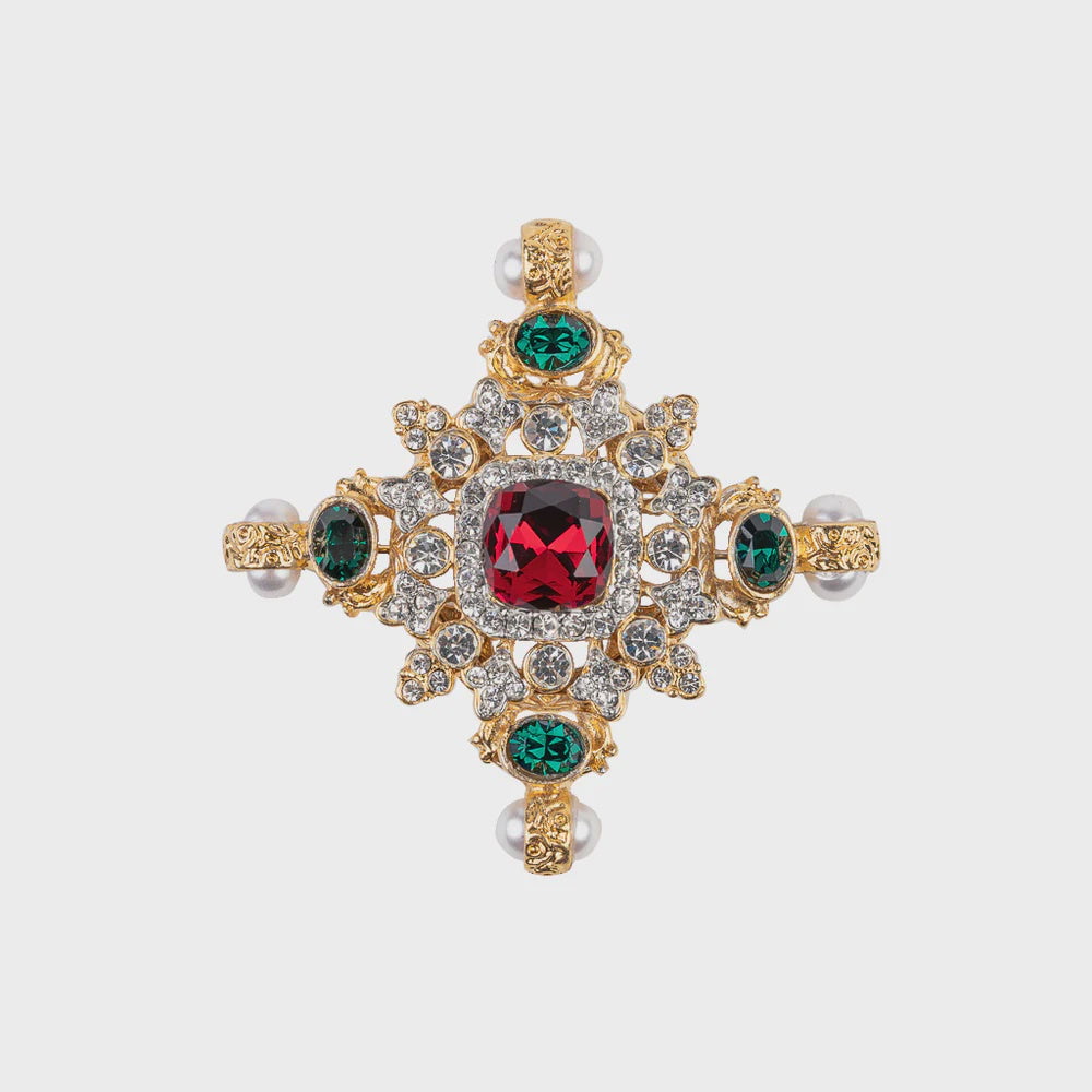 Maltese Cross Brooch / Ruby, Emerald, Crystal