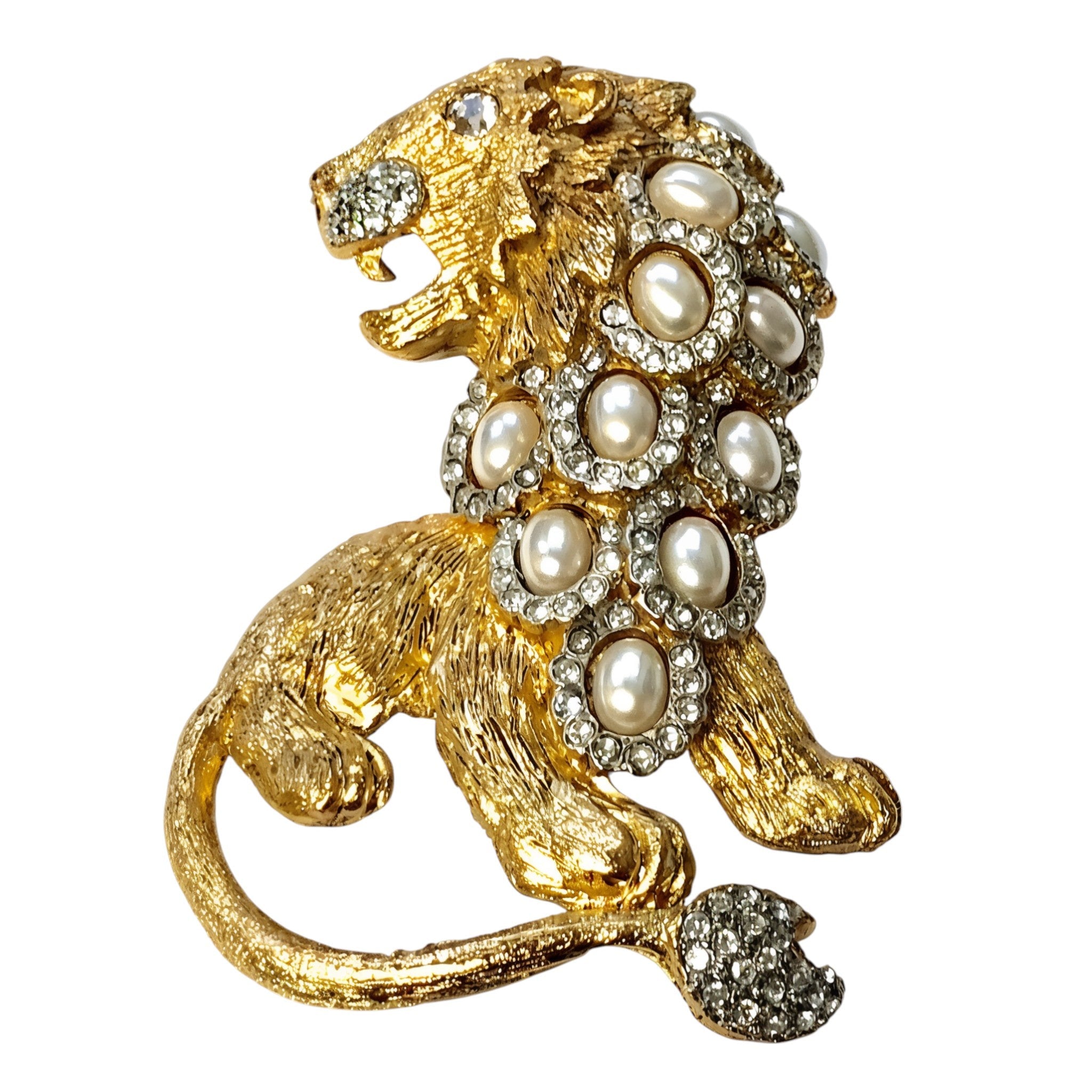 Rhinestone & Pearl Cabochon Lion Pin