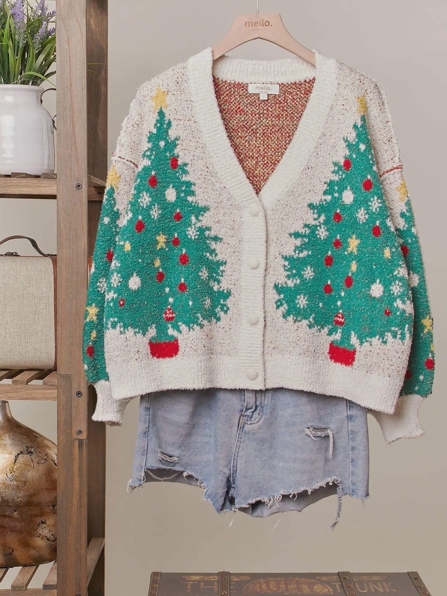 Merry Christmas Tree V Neck Cardigan / Multi