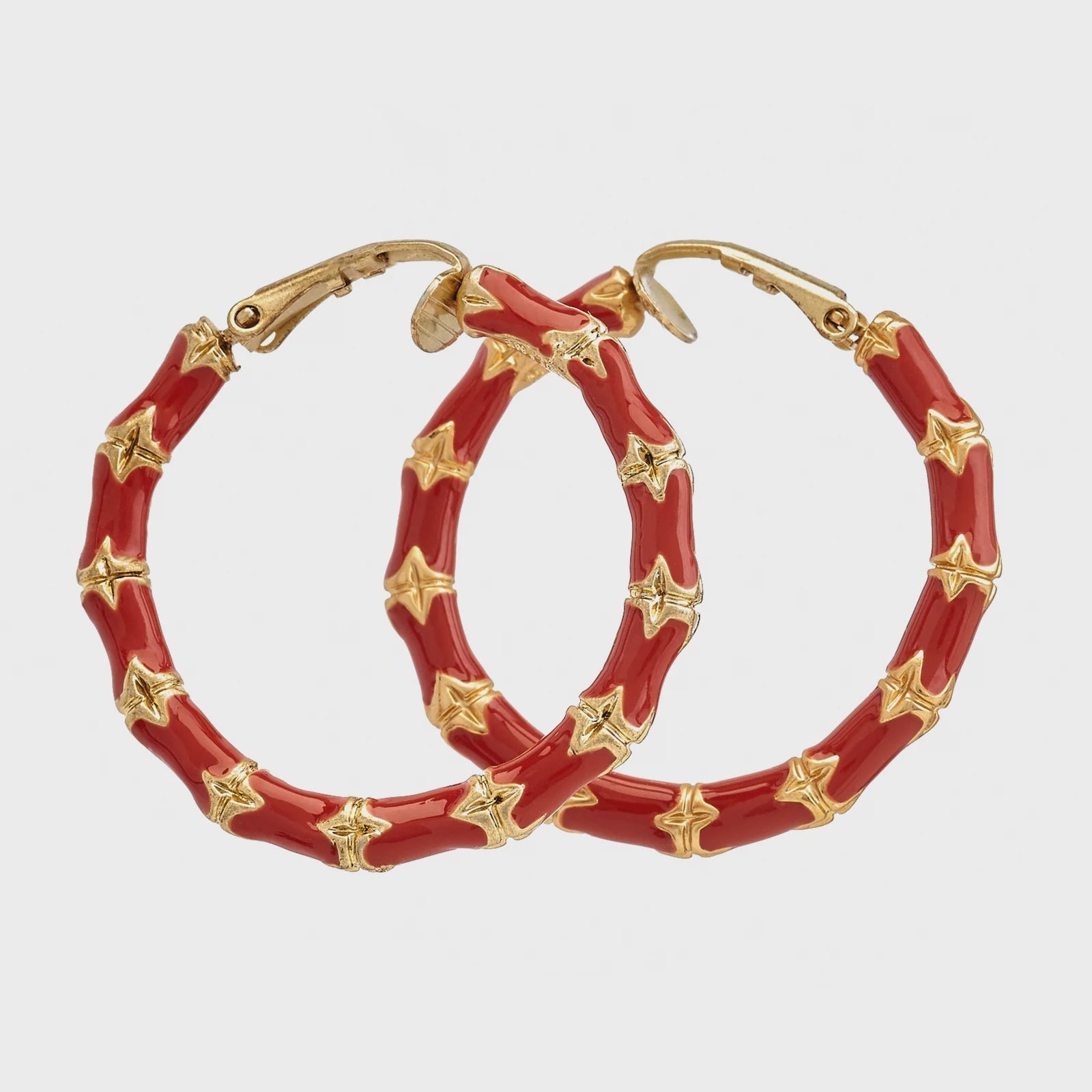 1.25" Gold + Enamel Hoop Earrings / Red