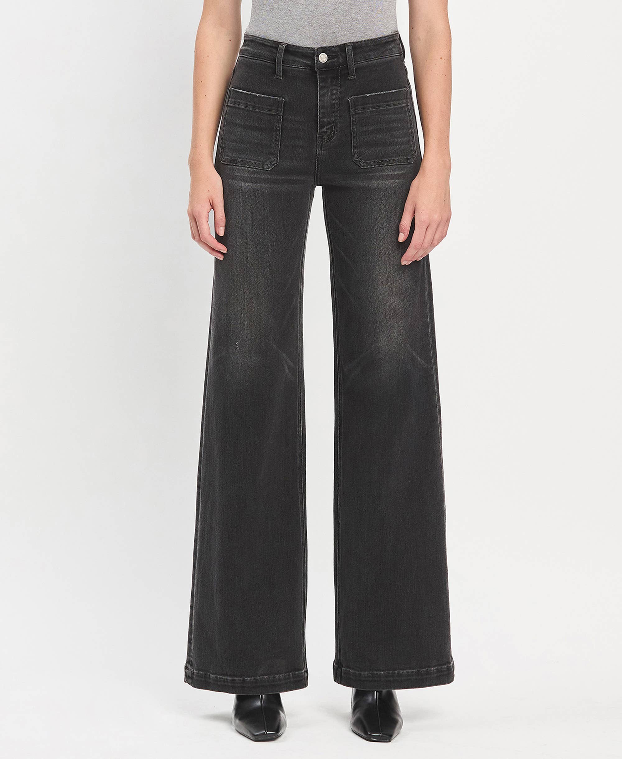 HIGH RISE PATCH POCKET BLACK WIDE TROUSER JEANS / ENGROSS