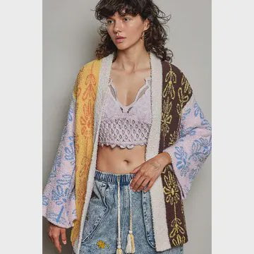 Floral Printed Berber Sweater Cardigan / Powder Beige Multi