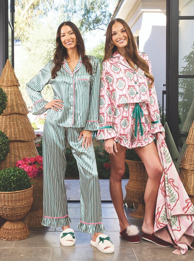 Ruffled Short PJ Set with Velvet Ties / Pink Stripes Doily Trees