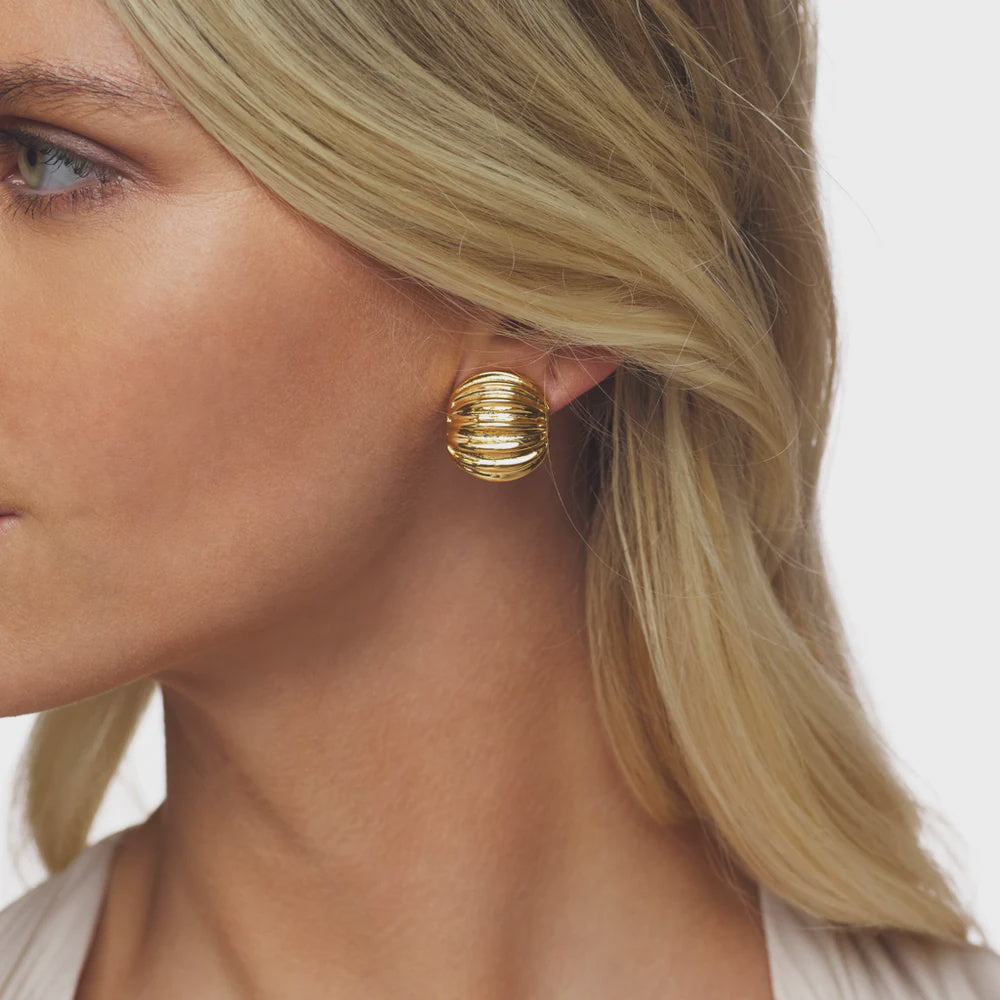 Polished Gold Ribbed Clip Earrings