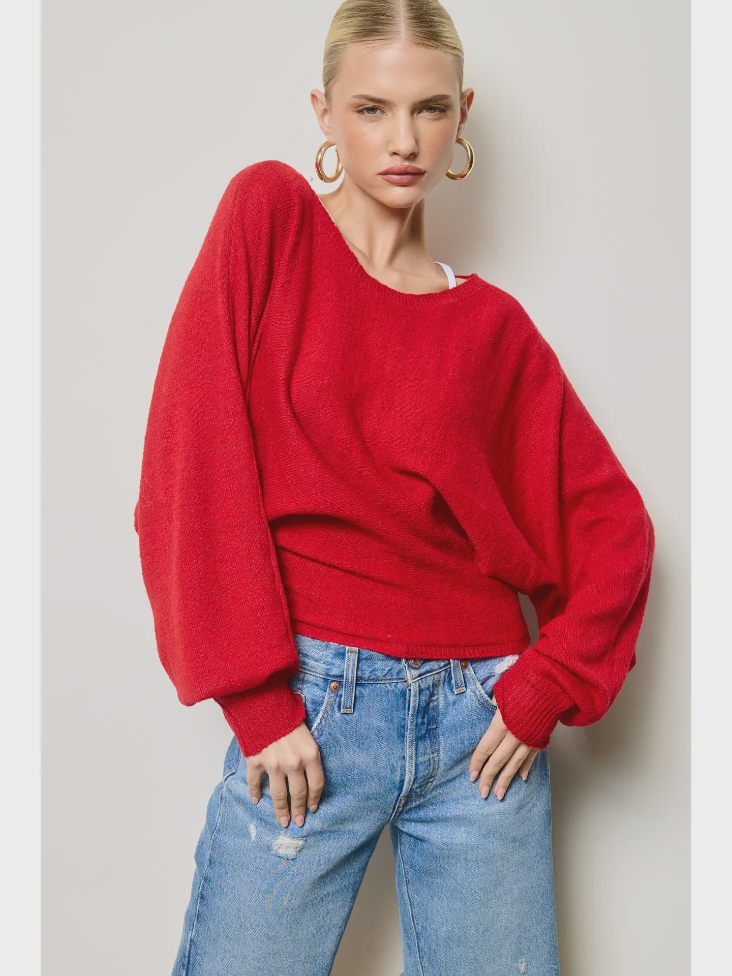 Slouchy Dolman Sleeve Knit Sweater / Red