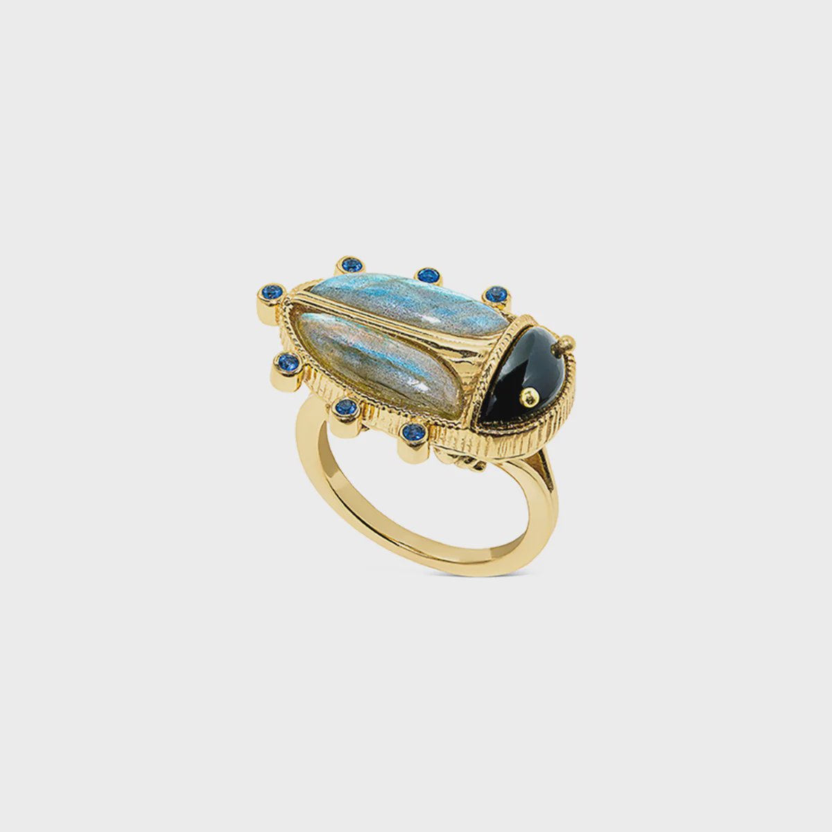 Scarab Ring / Blue Labradorite + Black Agate