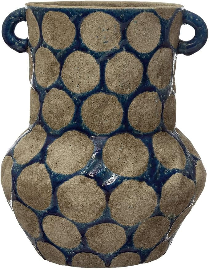Round Terra Cotta Vase w/Dots Blue and Grey