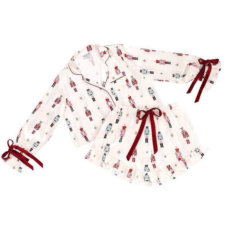 Ruffled Short PJ Set with Velvet Ties / Ivory Nutcrackers