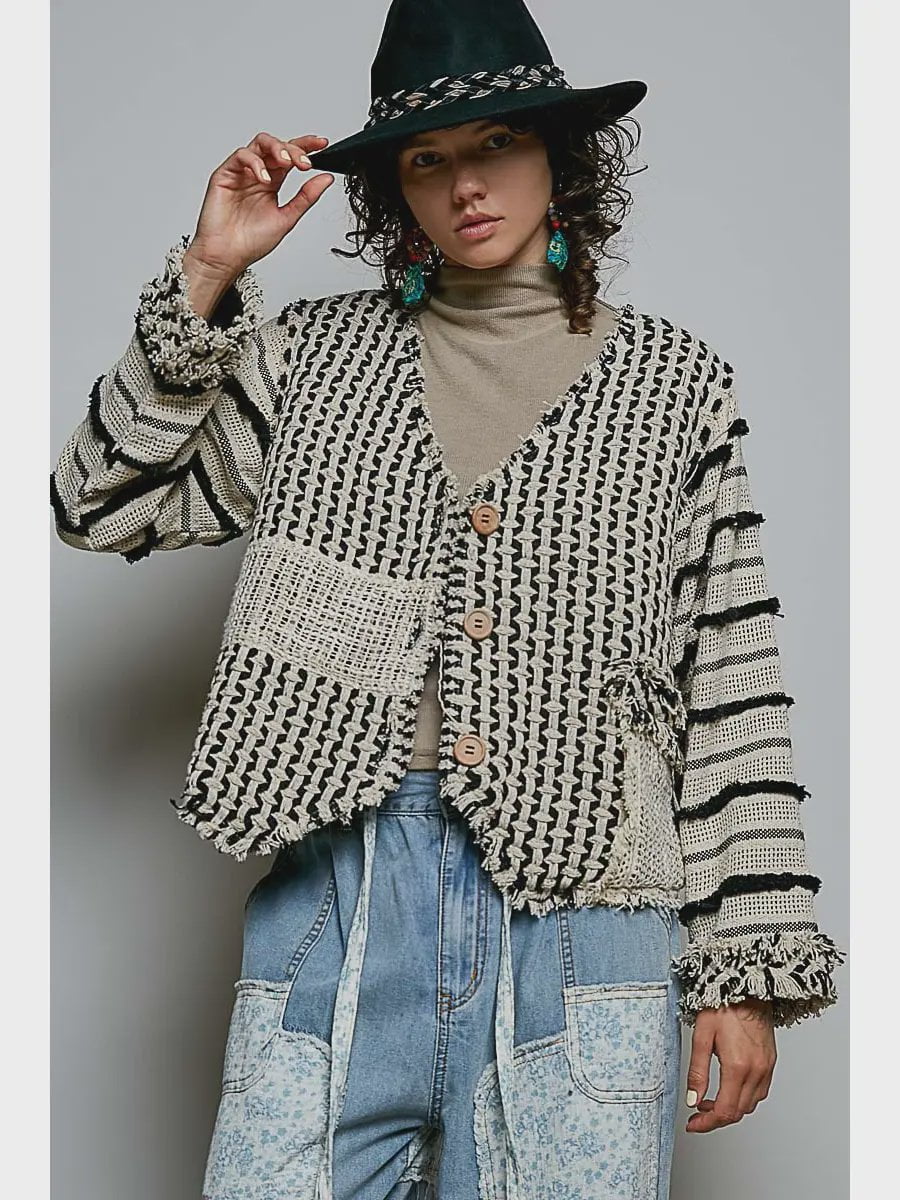 Eyelash Fringe Trim Woven Cardigan / Natural Multi