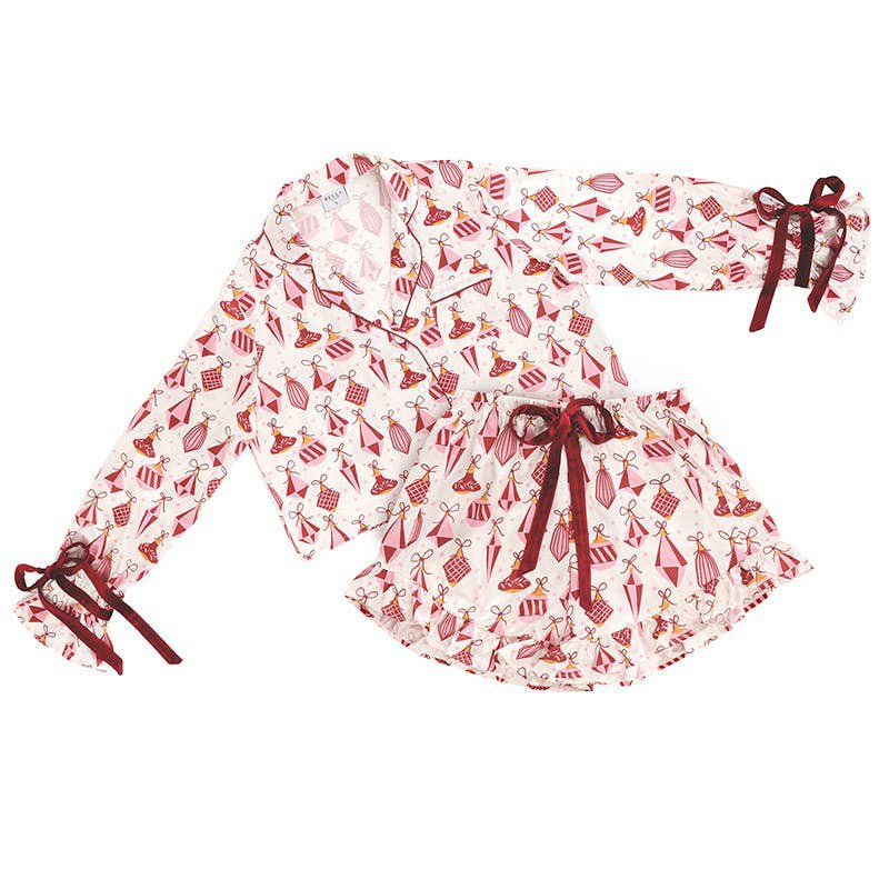 Ruffled Short PJ Set with Velvet Ties / Ivory Ornaments