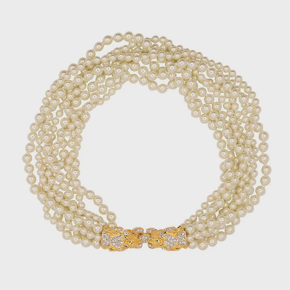 8-Row Pearl Necklace w/ Tiger Head Clasp