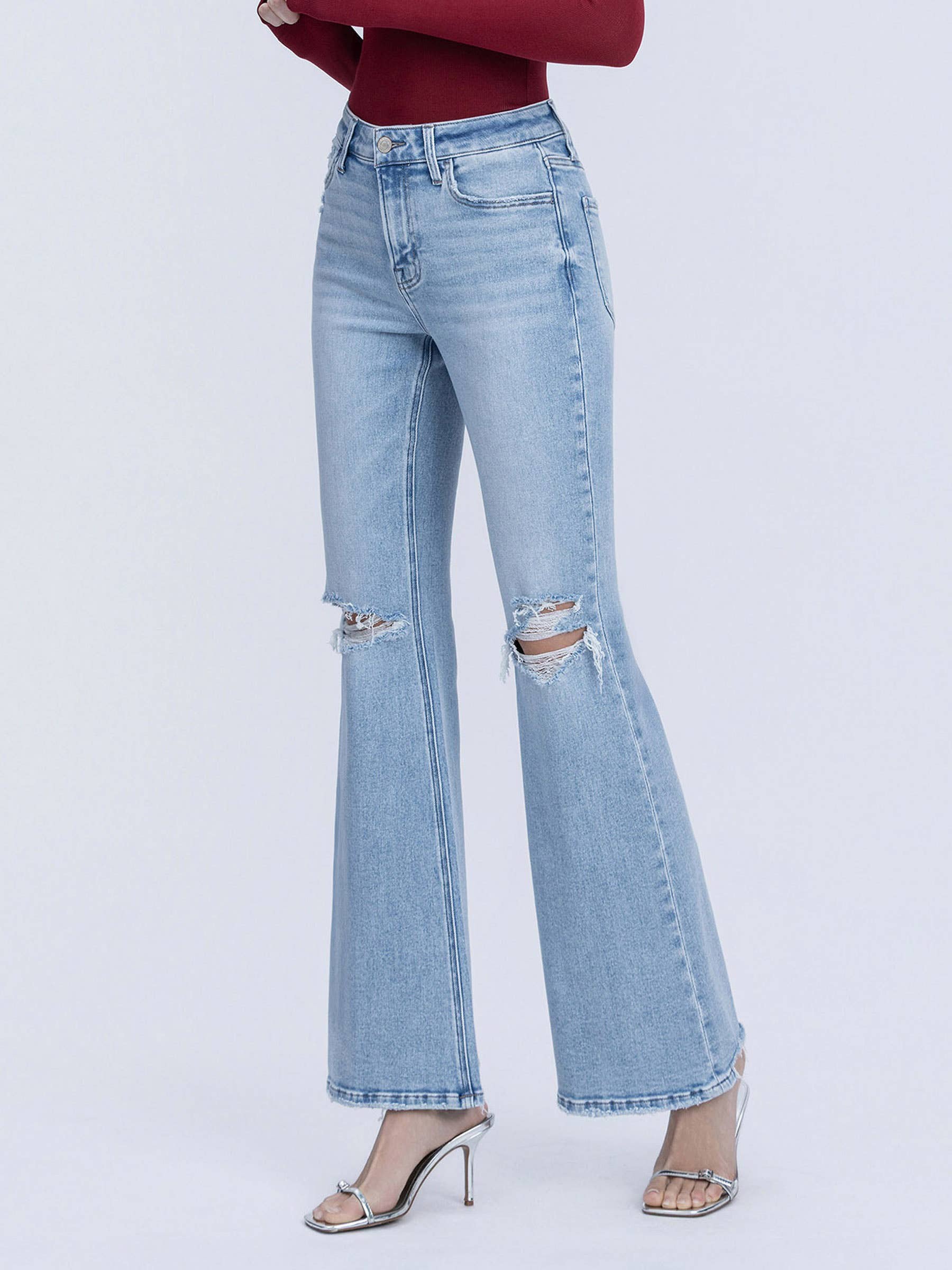 HIGH RISE DISTRESSED KNEE AND HEM EASY FLARE JEANS / YORK