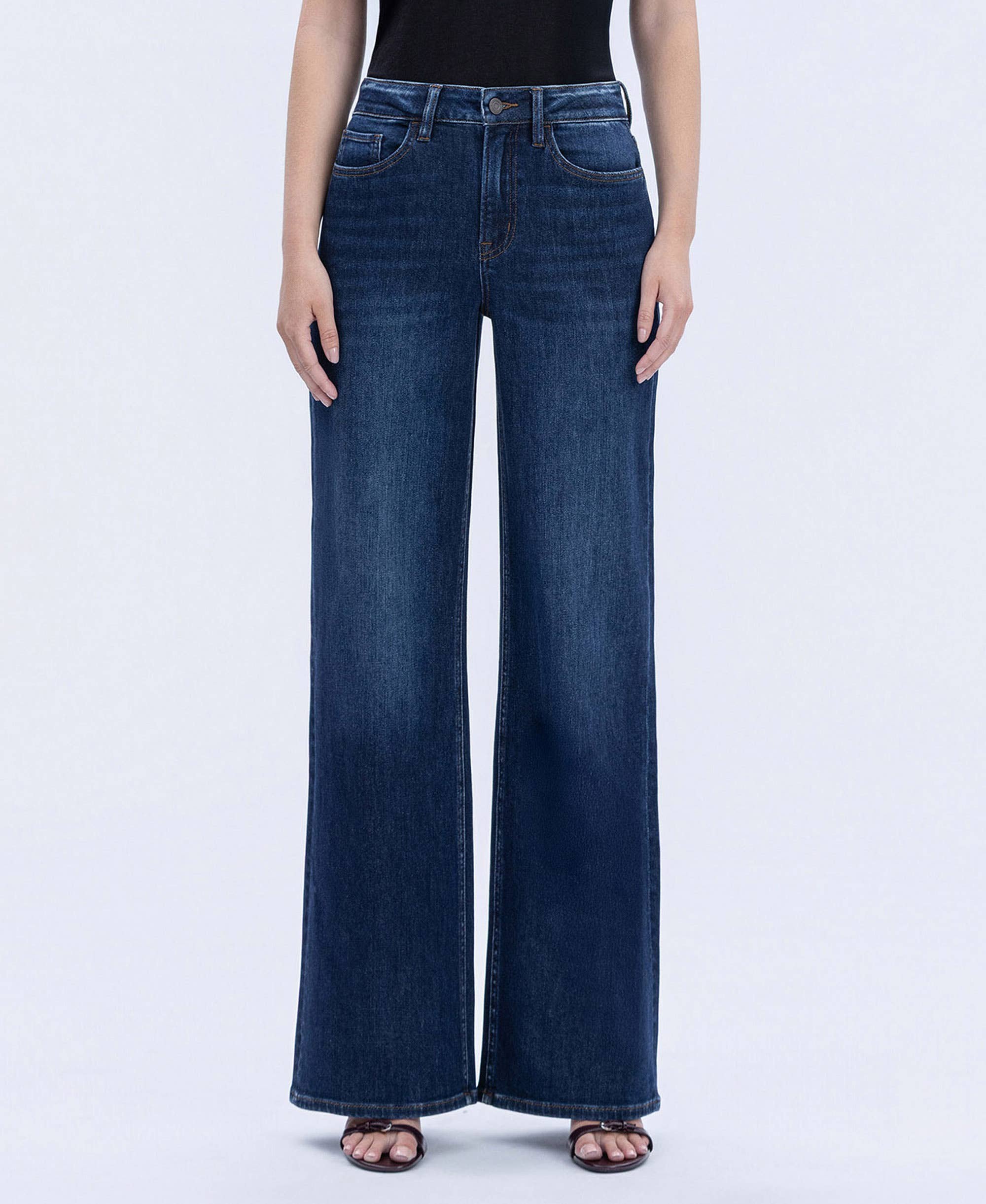 SUPER HIGH RISE FULL LENGTH DARK WASH WIDE JEANS / UPLIFTED JEWEL