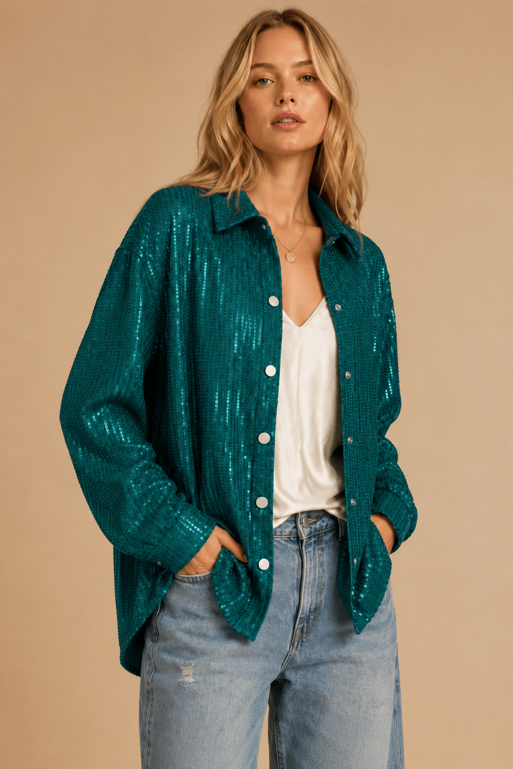 Sequin Pinstripe Oversized Shirt / Green