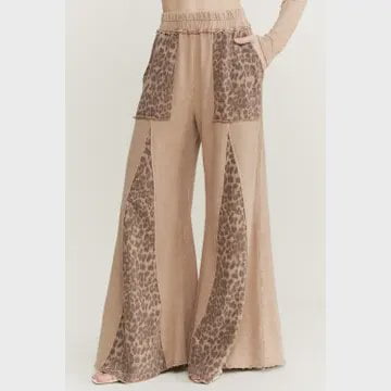 Mineral Washed & Leopard Flare Pants / Latte