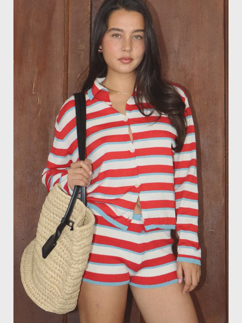Striped Knit Button Cardigan / Sky Combo
