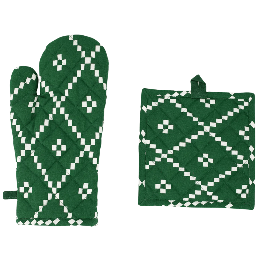Bohemian Linens, Holiday, Green - Oven Mitt & Potholder