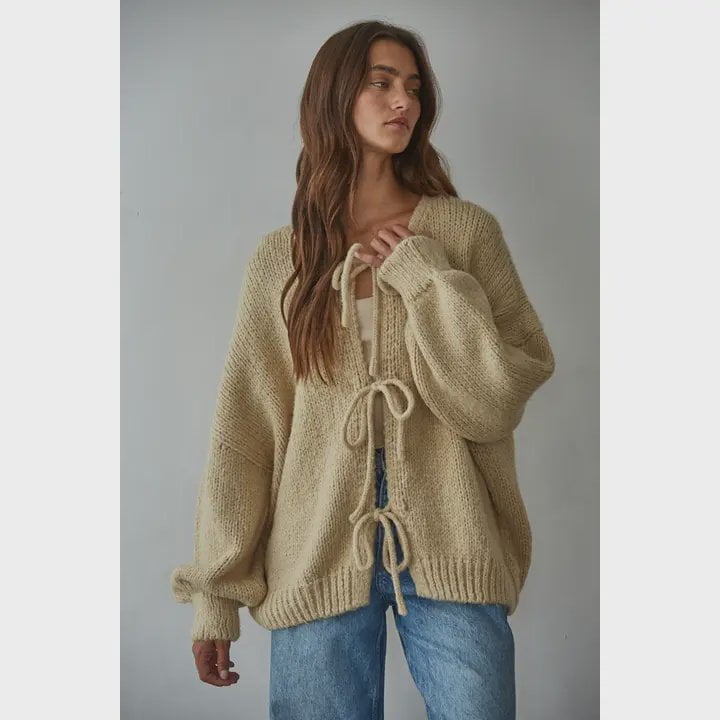 Tie Front Balloon Sleeve Cardigan / Light Taupe