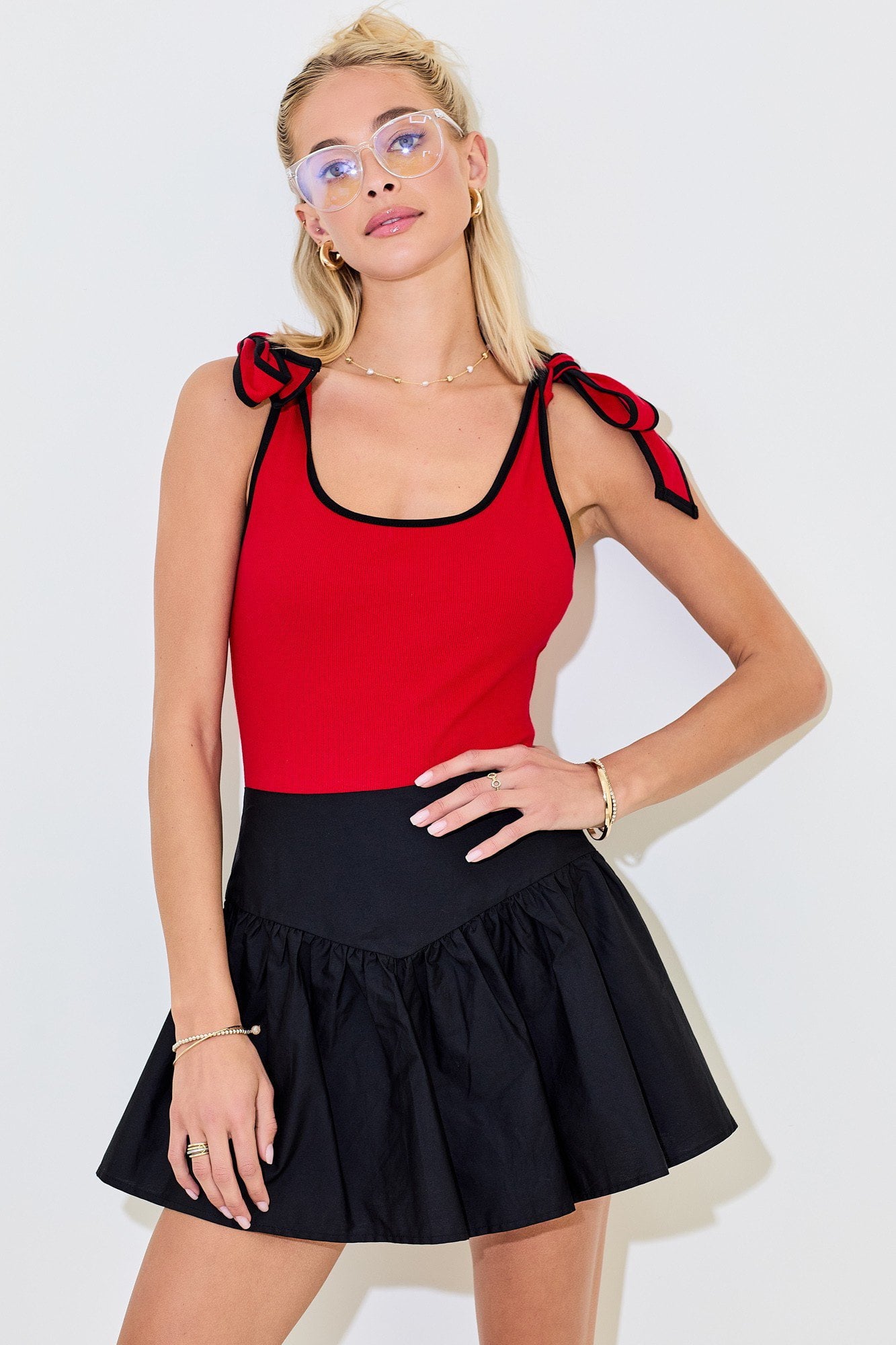 Ribbed Bodysuit with Contrast Trim / Red Black