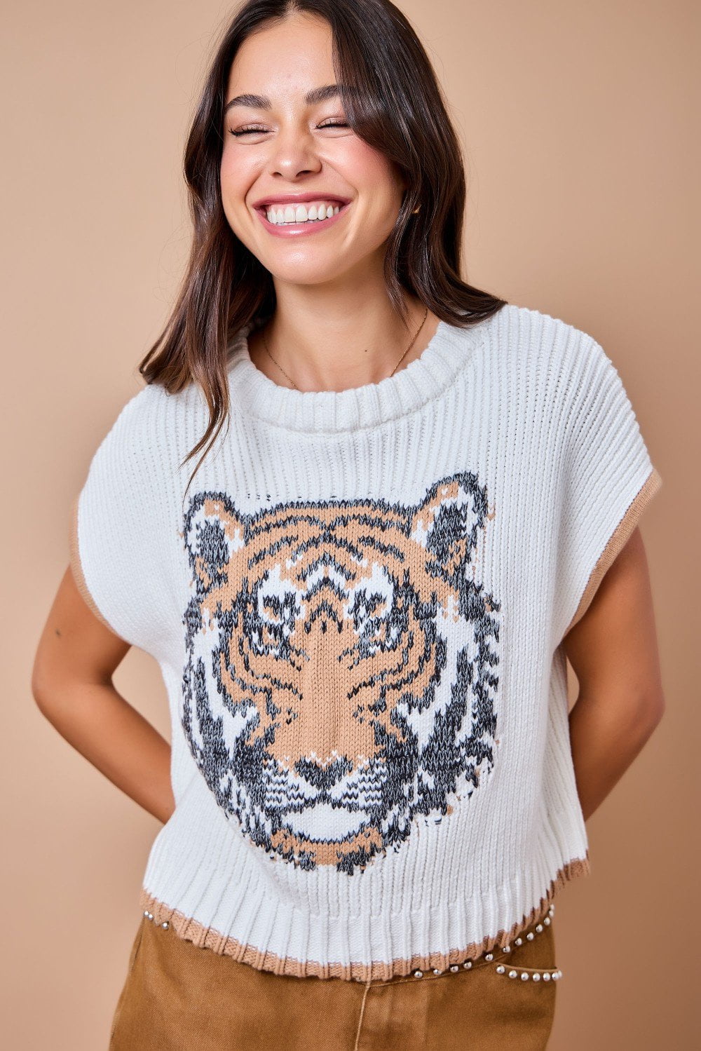 Tiger Intarsia Sweater Vest Top / Ivory Brown