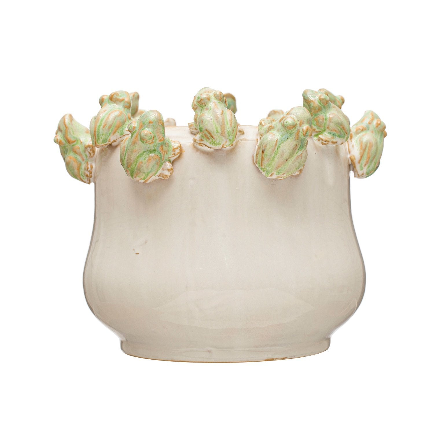 Stoneware Planter w/ Frogs on Rim, Reactive Glaze, White & Green