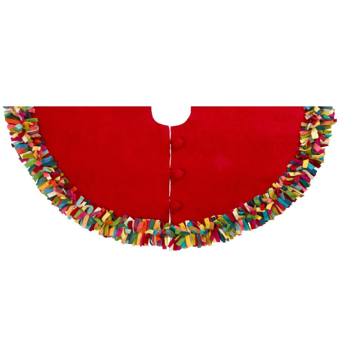 Handmade Felt Wool Christmas Tree Skirt - Multicolor Fringe Border on Red 64"
