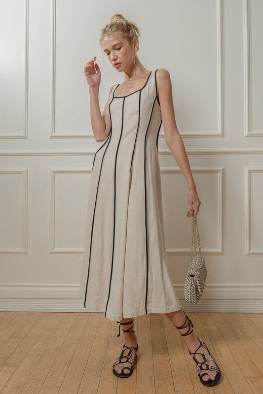 Linen Stripe Midi Dress / Natural