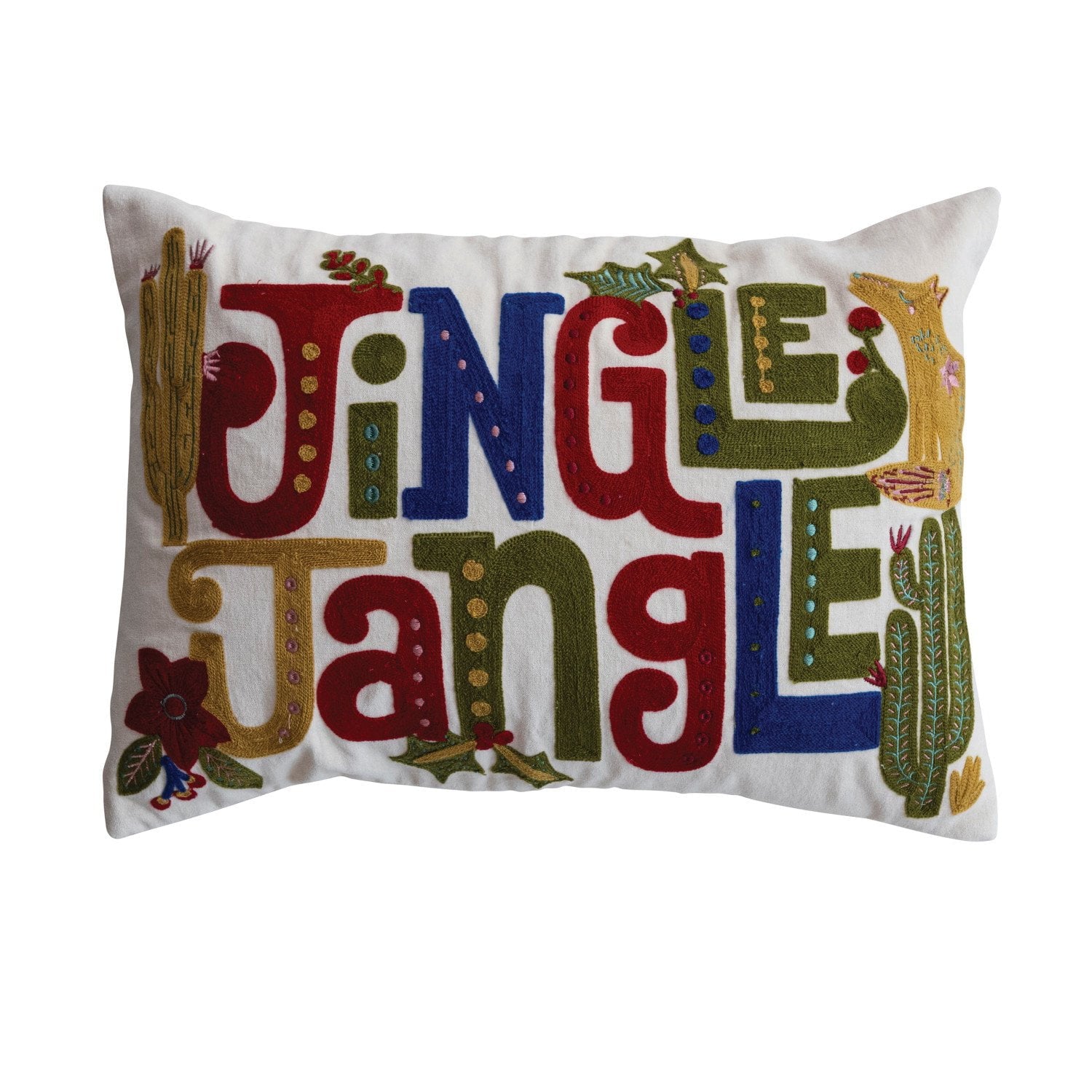 Cotton Velvet Printed Lumbar Pillow with Seasonal Botanicals & Embroidery "Jingle Jangle"