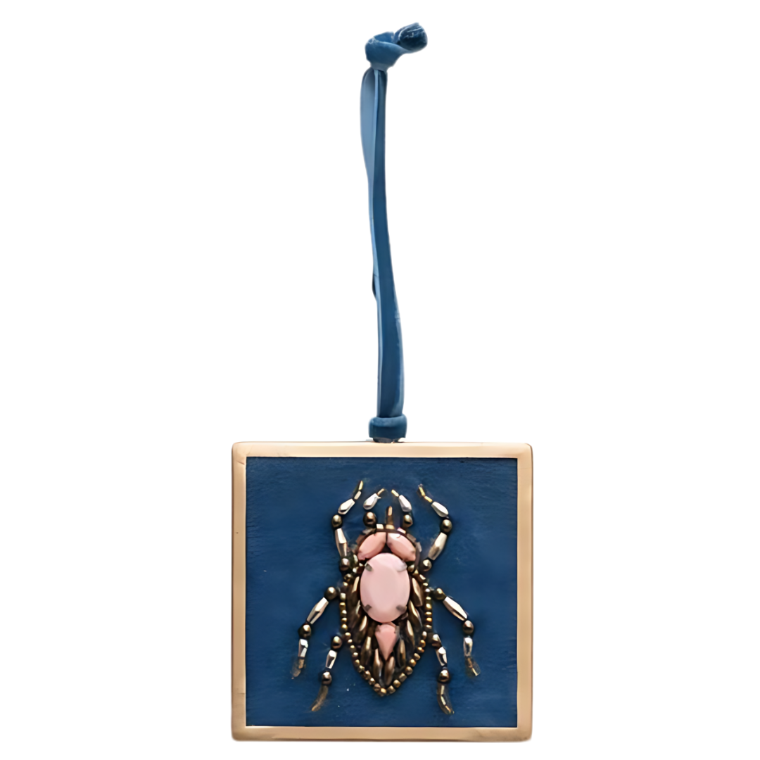 Metal Framed Beetle Ornament w/ Beads & Velvet Ribbon