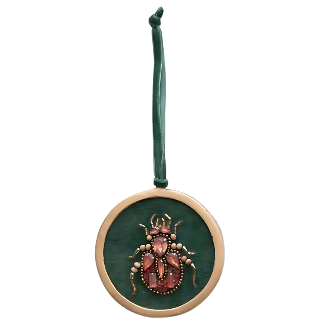 Metal Framed Beetle Ornament w/ Beads & Velvet Ribbon