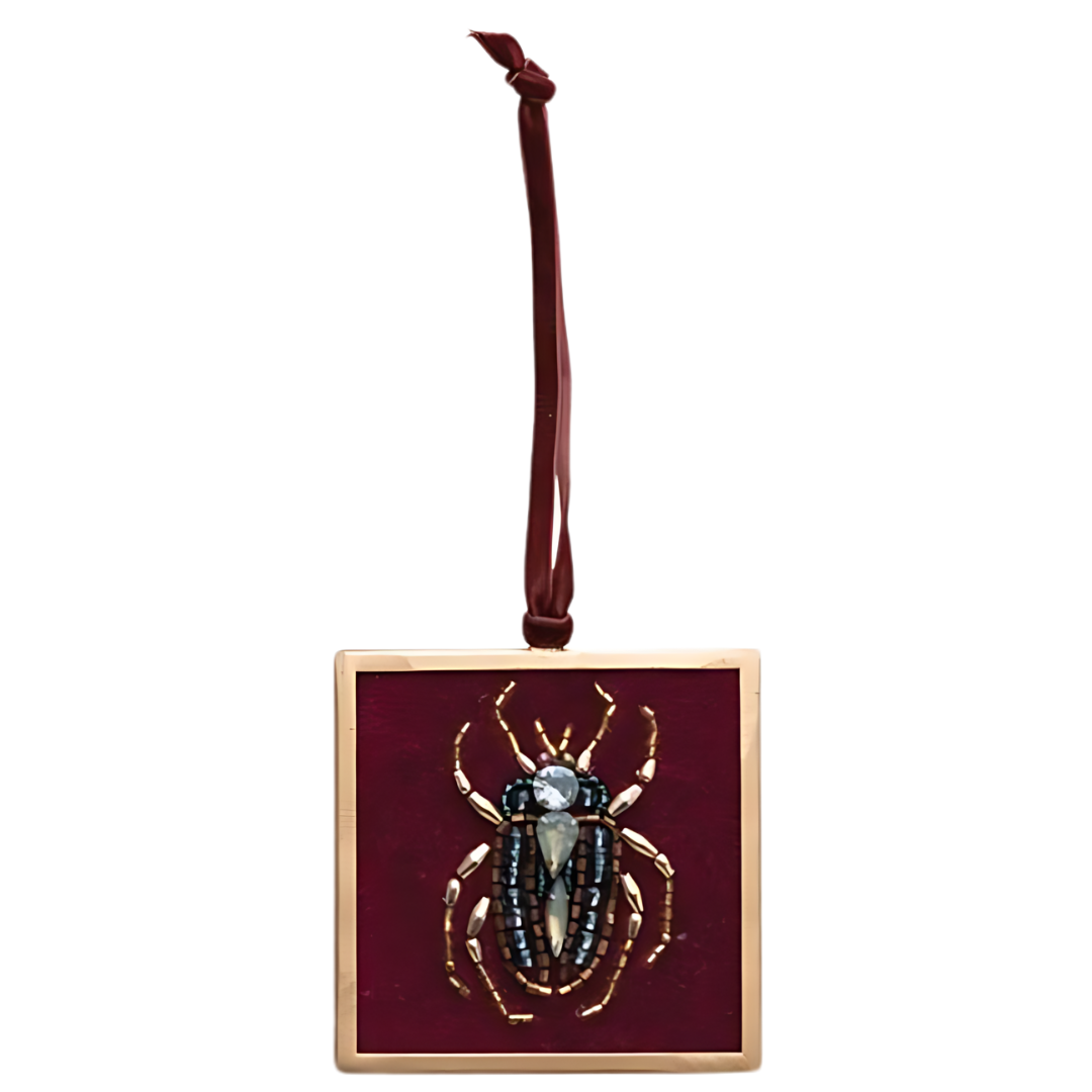 Metal Framed Beetle Ornament w/ Beads & Velvet Ribbon