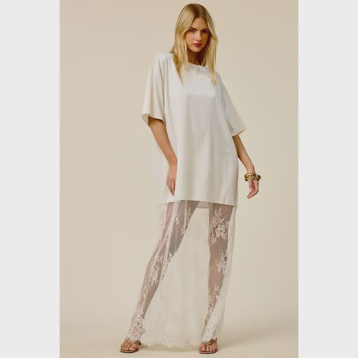 Satin Lace Contrast Hem Maxi Dress / Pearl