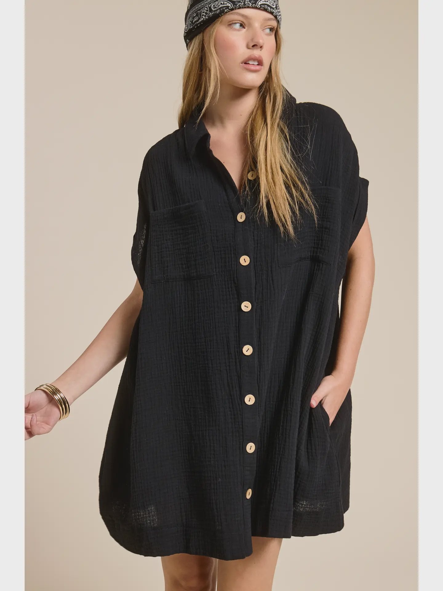 Cotton Gauze Button Down Shirt Dress / Black