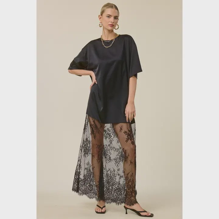 Satin Lace Contrast Hem Maxi Dress / Black