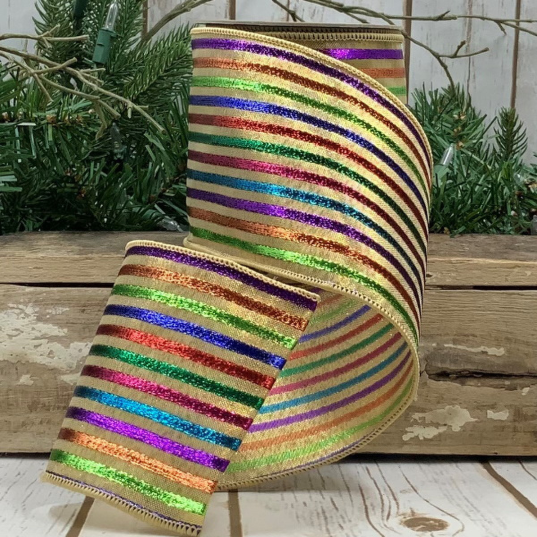 Multi Color Stripe Ribbon- Light Gold, 4" x 10 yds