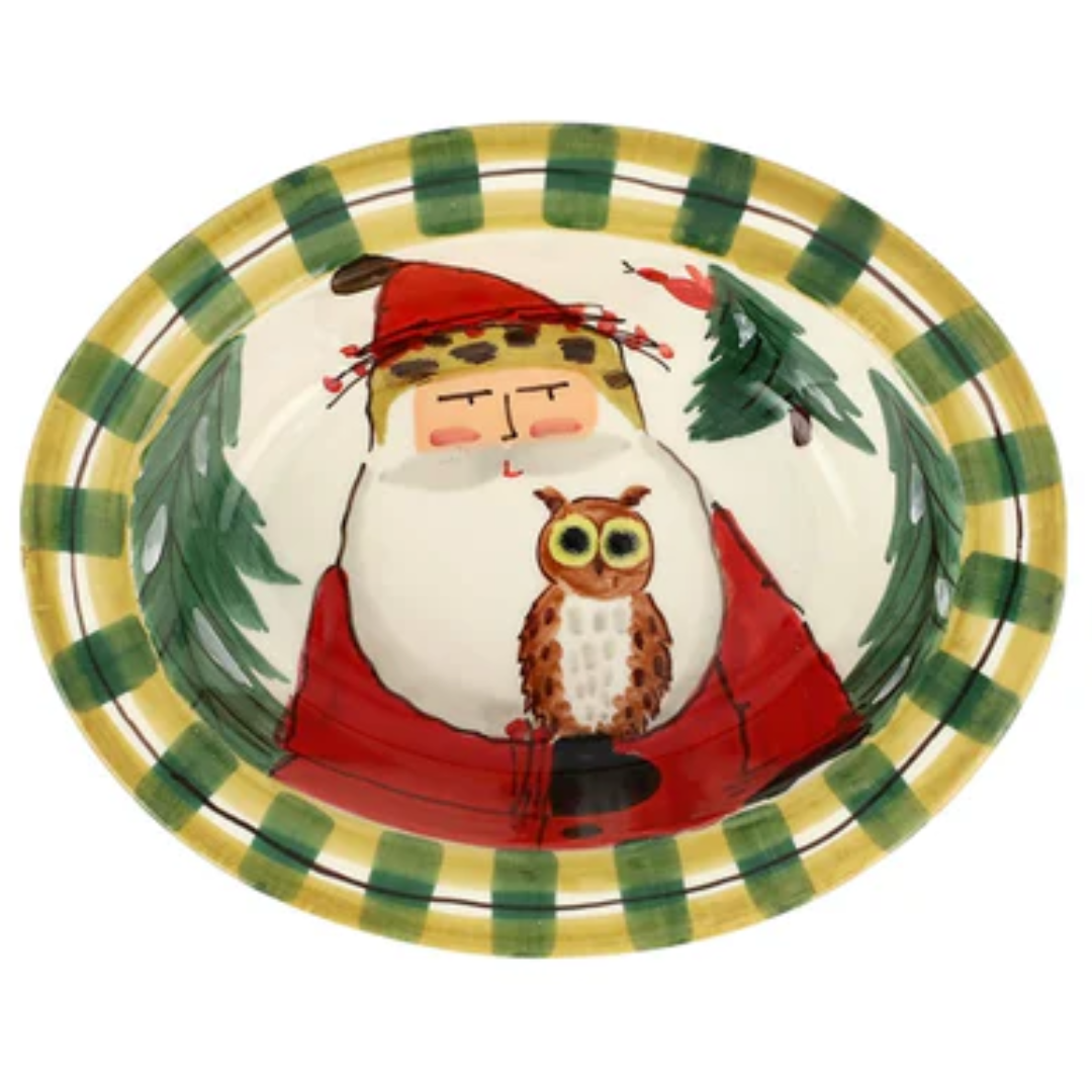 Old St. Nick - Small Rimmed Oval Bowl W/ Owl