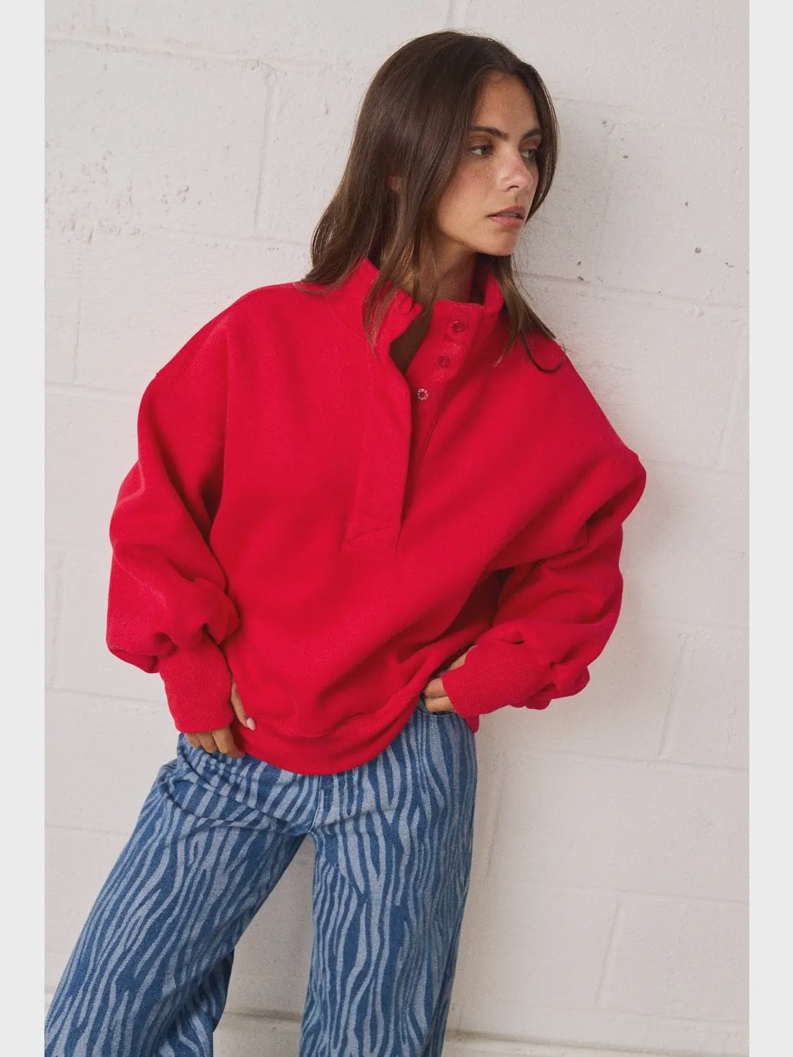 High Collar Half Button Up Relaxed Pullover / Red