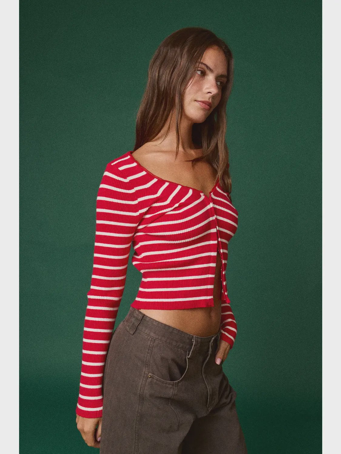 Striped Knit Sweetheart Long Sleeve Top / Red White