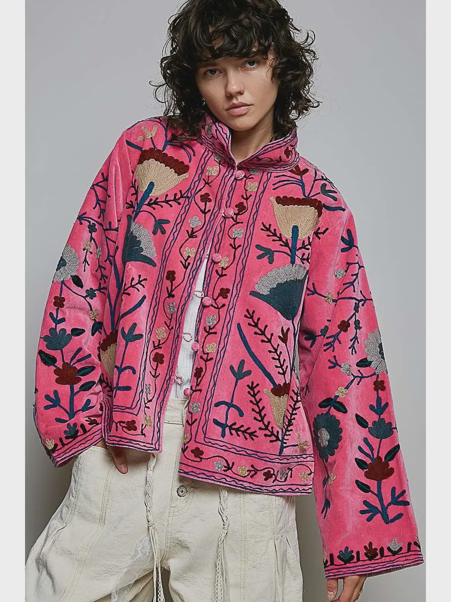 Embroidered Stand Collar Velvet Jacket / Pink