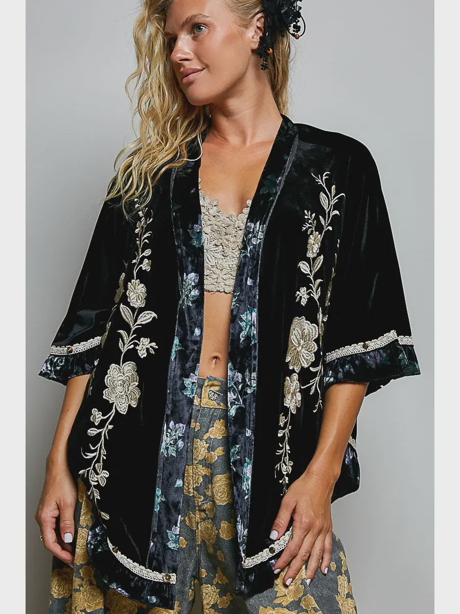 Bohemian Velvet Embroidered Ruffle Trim Kimono / Black