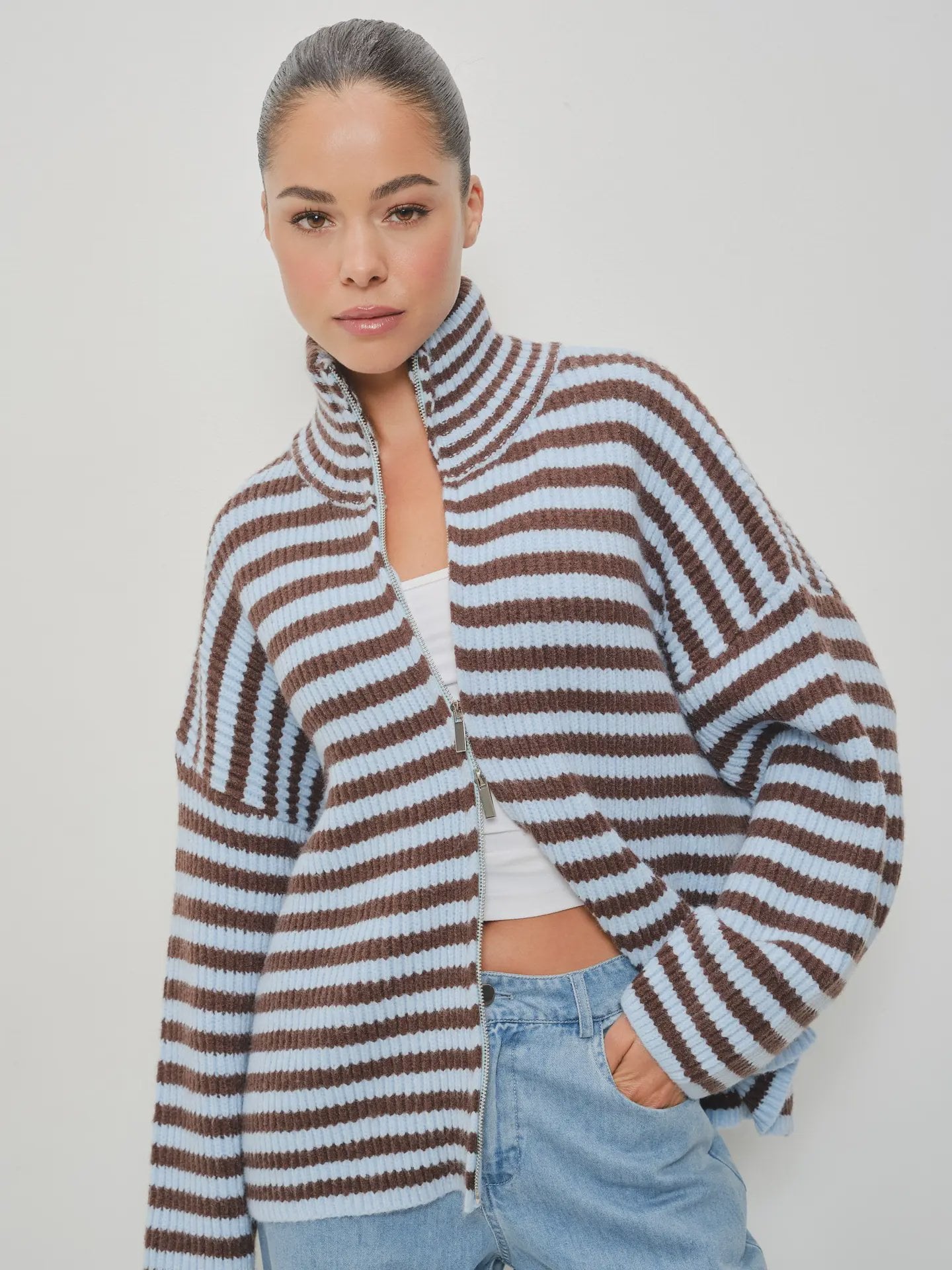 Zane Striped Mock Neck Zip Up Sweater / Brown Blue