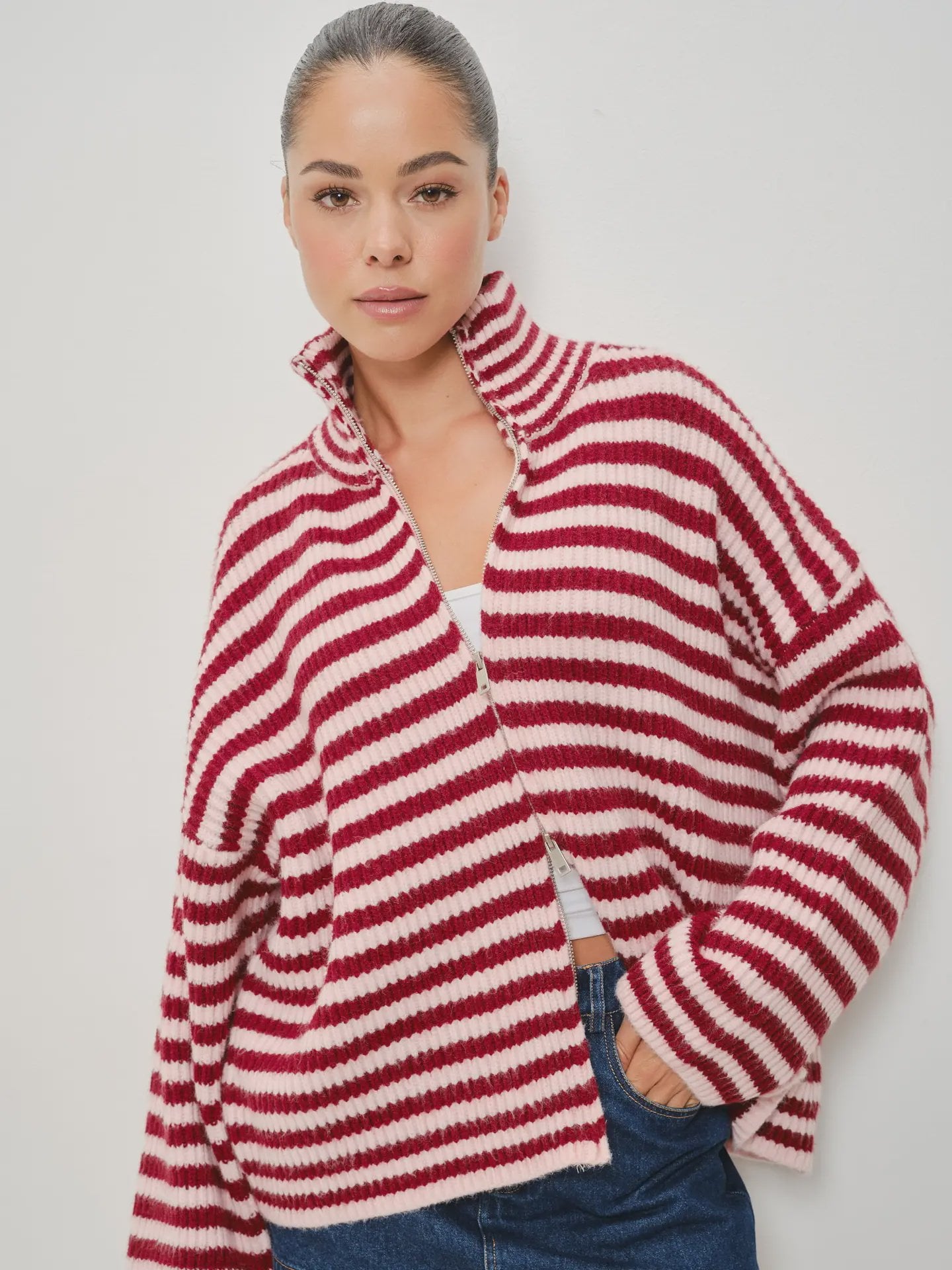 Zane Striped Mock Neck Zip Up Sweater / Burgundy Pink