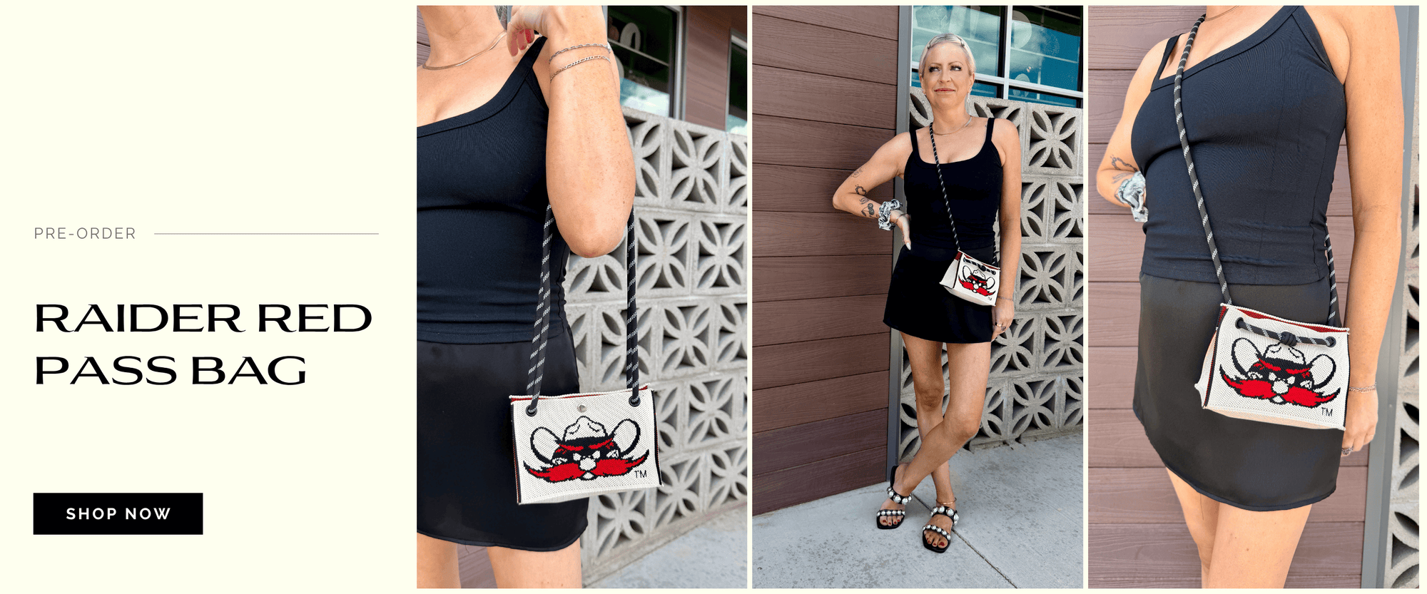 A promotional collage showing a woman wearing and holding a small white crossbody bag with a black and red graphic design. The left panel includes text reading 'PRE-ORDER RAIDER RED PASS BAG' and a 'SHOP NOW' button.