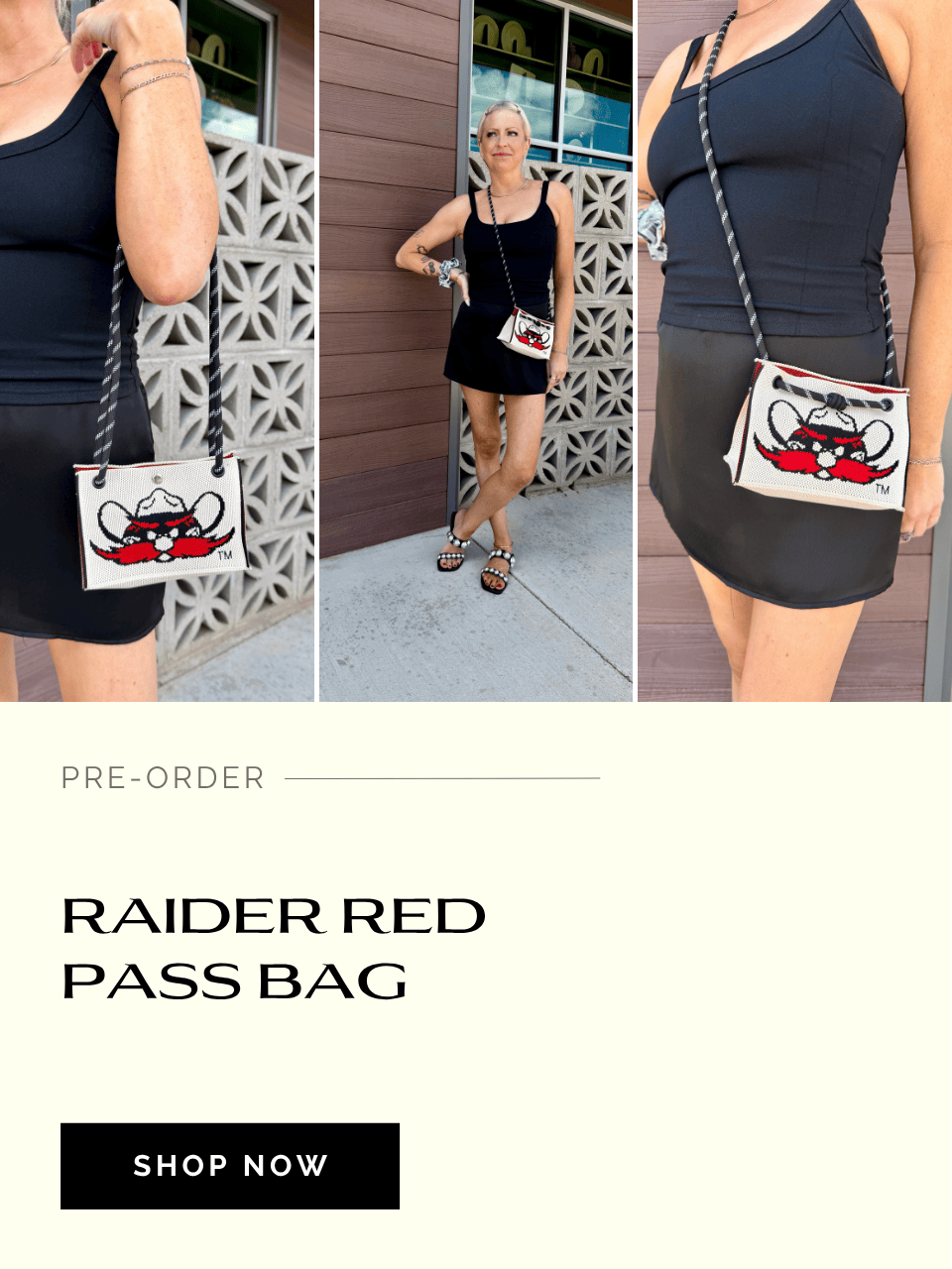 A promotional collage showing a woman wearing a black dress and carrying a white crossbody bag with a red and black cartoon character graphic. The top row contains three photos of the bag in use, and the bottom has text reading 'PRE-ORDER RAIDER RED PASS BAG' with a black 'SHOP NOW' button.