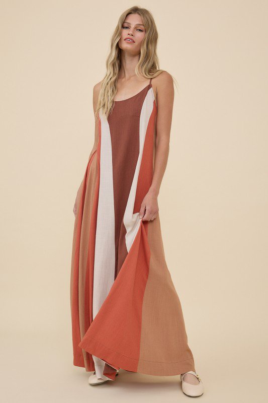 Colorblock Flowy Maxi Slip Dress / Natural Mix