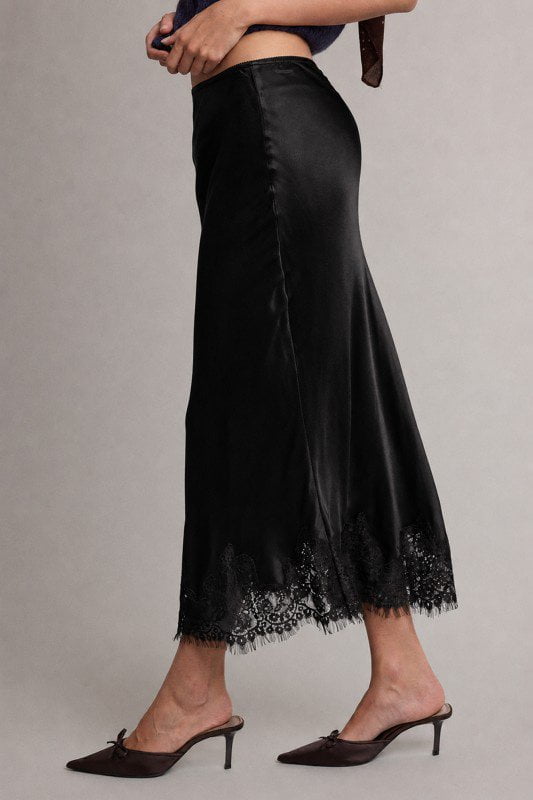 Satin Lace Trim Midi Skirt / Black