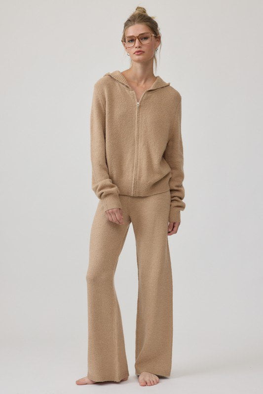 Cozy Knit Zip Hoodie and Wide Leg Pants Set / Deep Beige