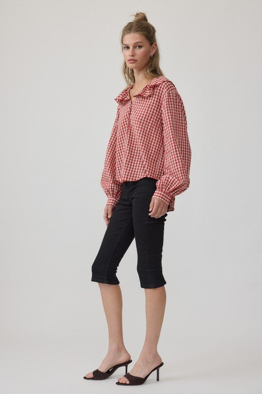 Gingham Ruffle Collar Button Up Blouse / Red